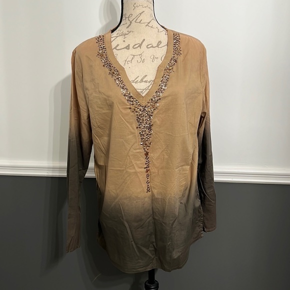 Woolworths 14 Blouse Beige to Brown Long Sleeve Thin Material - Picture 1 of 8